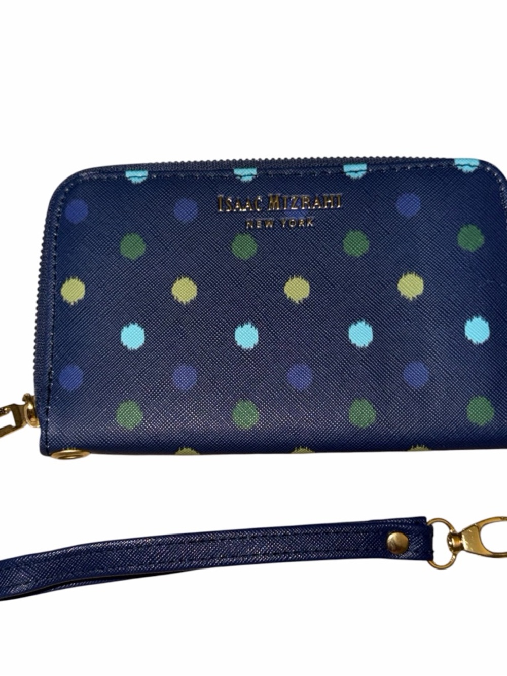 Isaac Mizrahi Navy Polka Dot Zip Wristlet - Picture 2 of 5